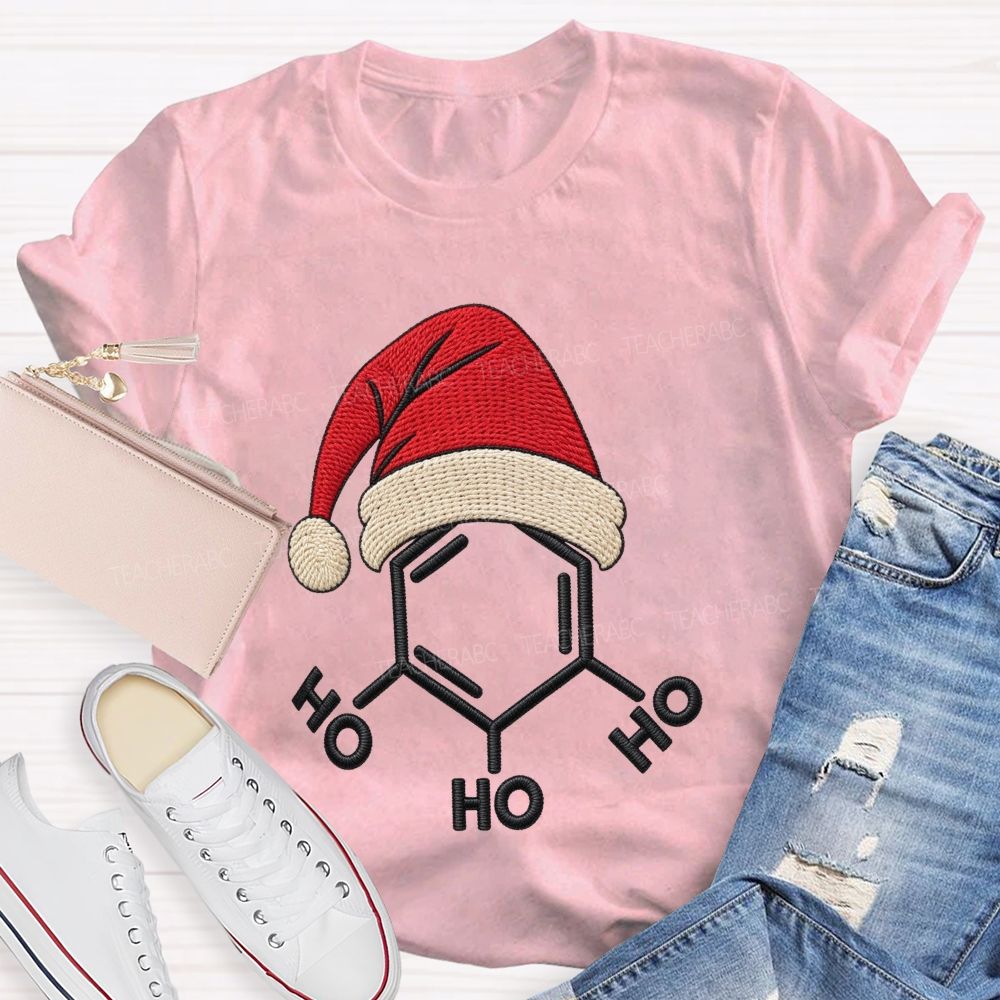 Ho Ho Ho Molecule Christmas Embroidered Look Science Teacher T-shirt
