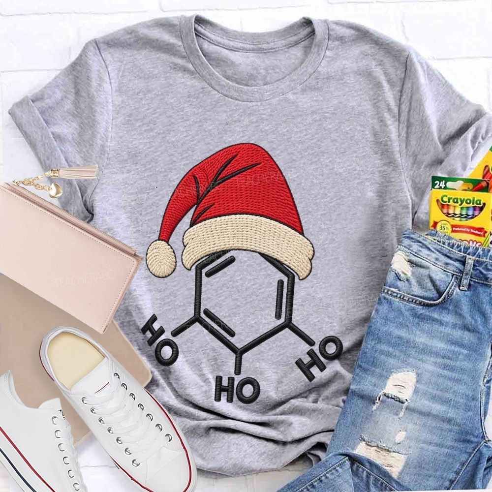 Ho Ho Ho Molecule Christmas Embroidered Look Science Teacher T-shirt