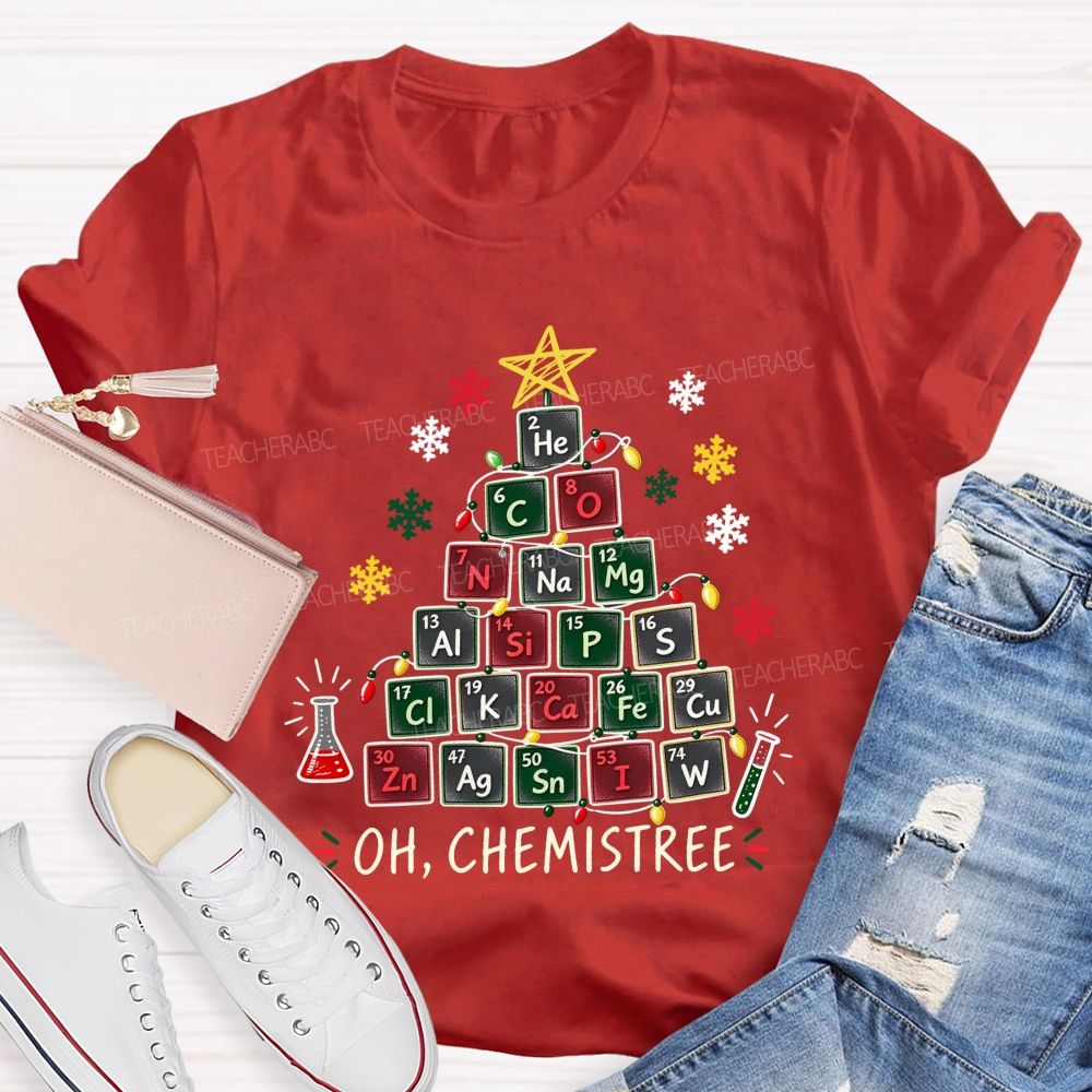 Oh Chemistree Colorful Periodic Table Christmas Teacher T-shirt