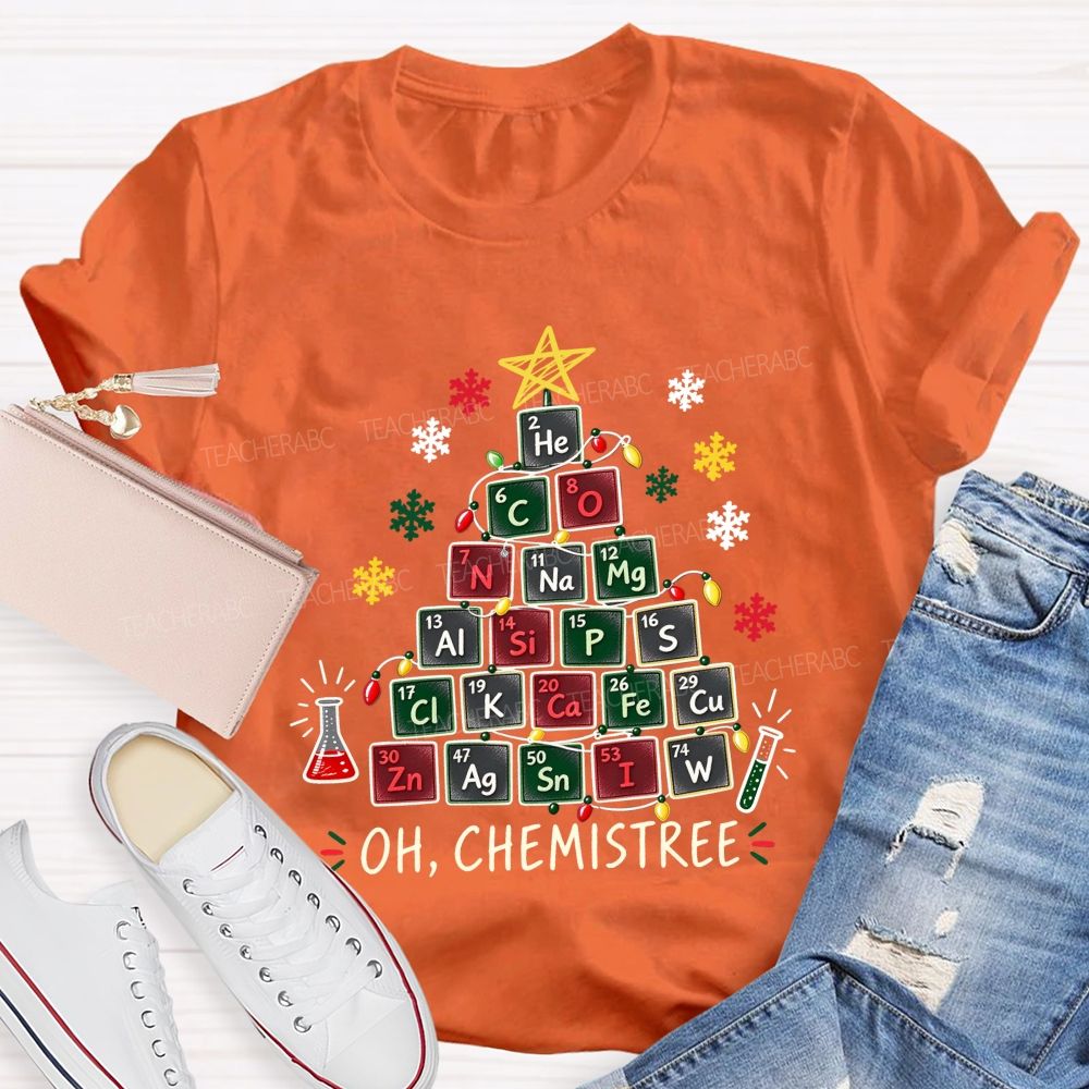 Oh Chemistree Colorful Periodic Table Christmas Teacher T-shirt