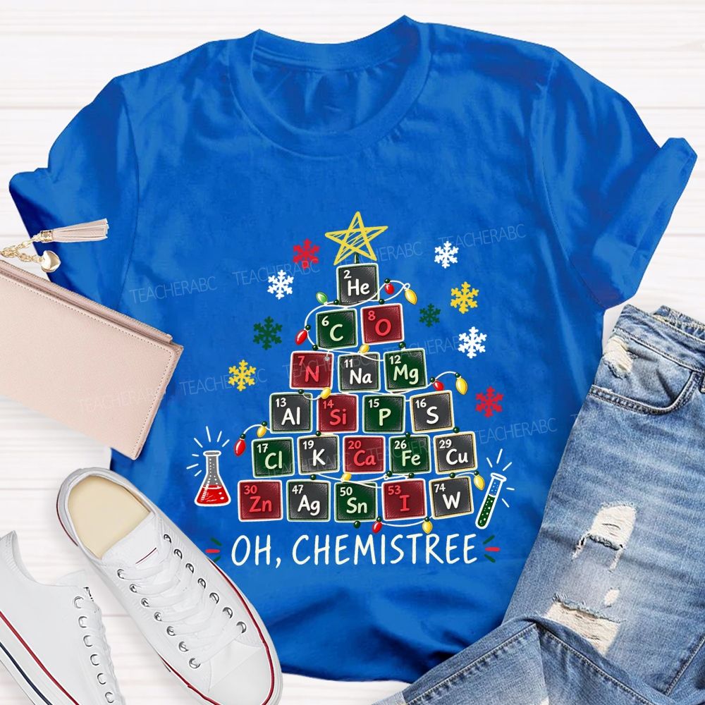 Oh Chemistree Colorful Periodic Table Christmas Teacher T-shirt