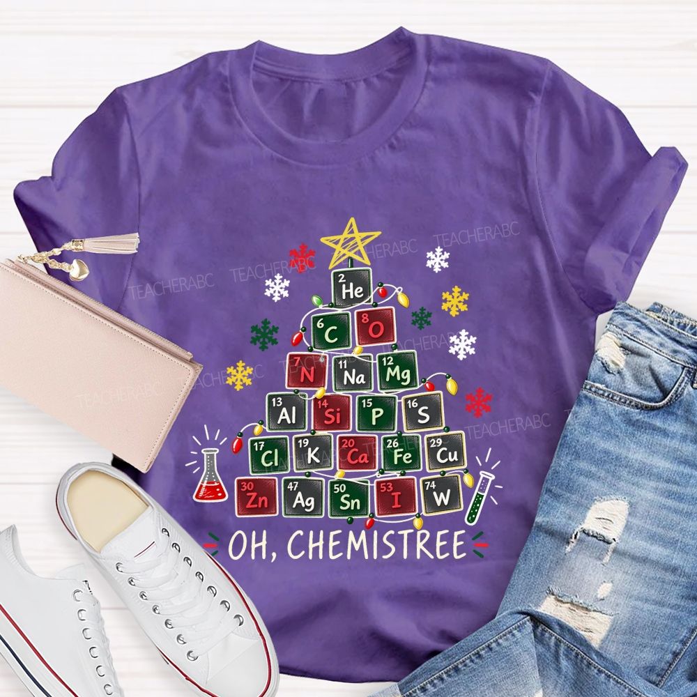 Oh Chemistree Colorful Periodic Table Christmas Teacher T-shirt