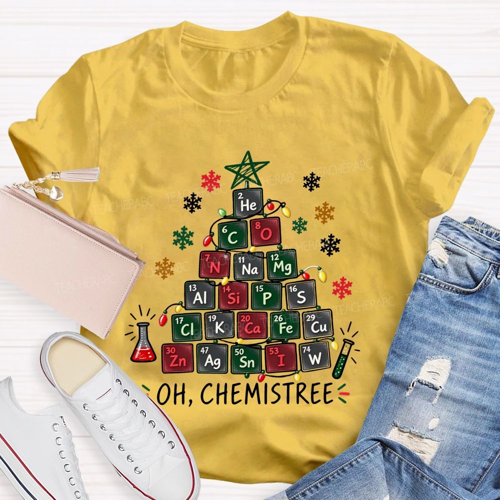 Oh Chemistree Colorful Periodic Table Christmas Teacher T-shirt