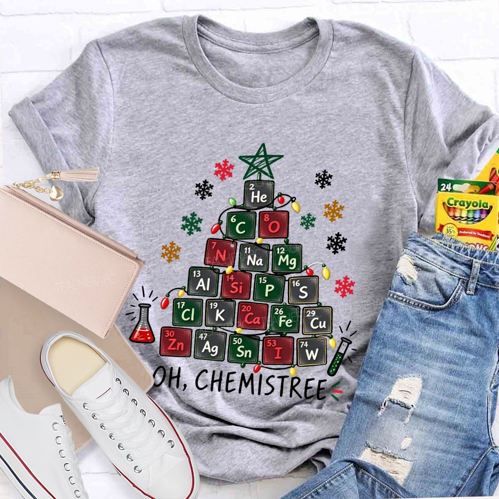 Oh Chemistree Colorful Periodic Table Christmas Teacher T-shirt