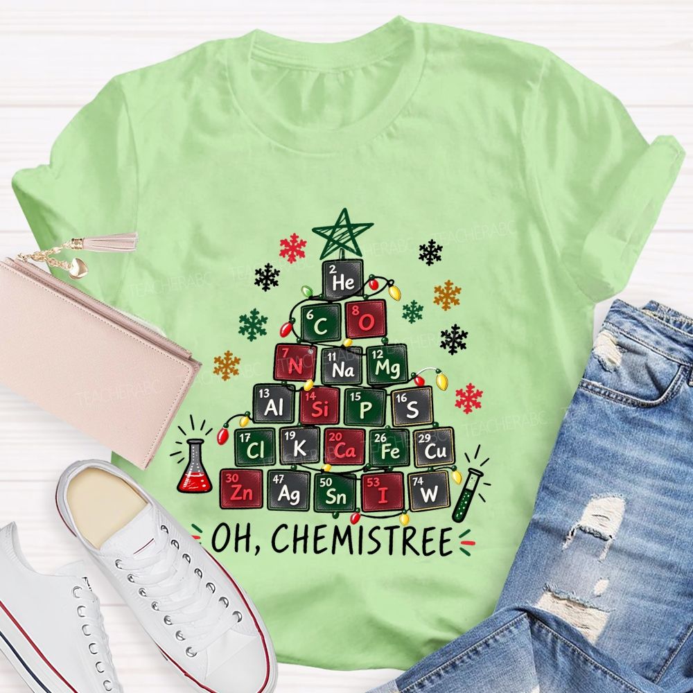 Oh Chemistree Colorful Periodic Table Christmas Teacher T-shirt