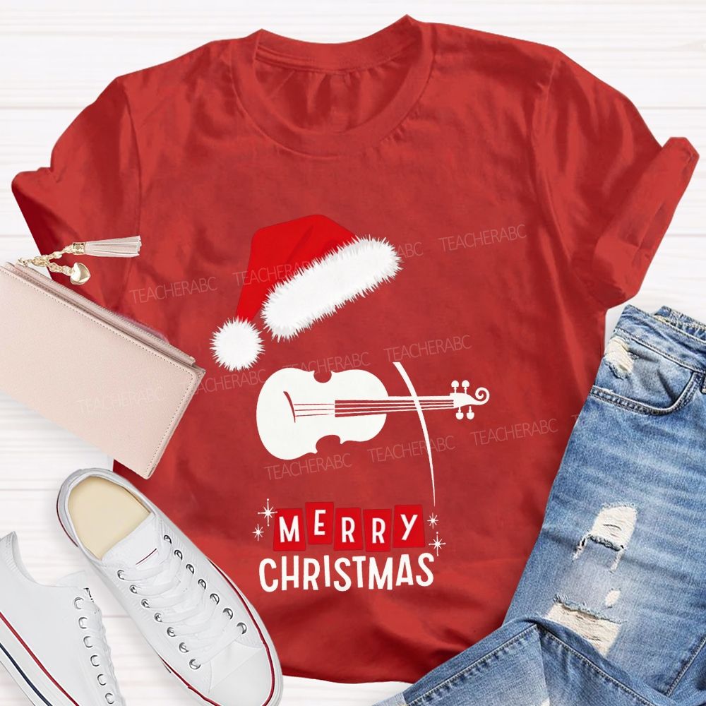 Violin Santa Hat Merry Christmas Music Teacher T-shirt