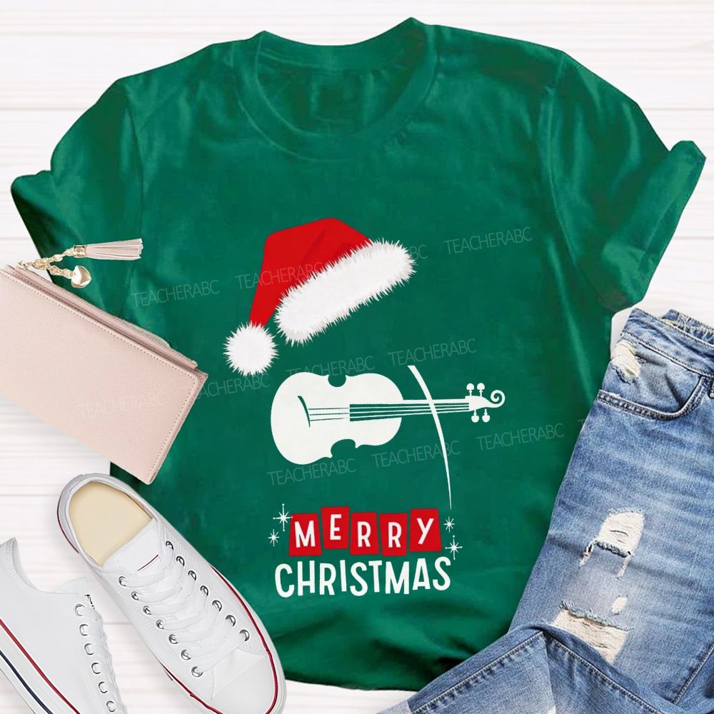 Violin Santa Hat Merry Christmas Music Teacher T-shirt