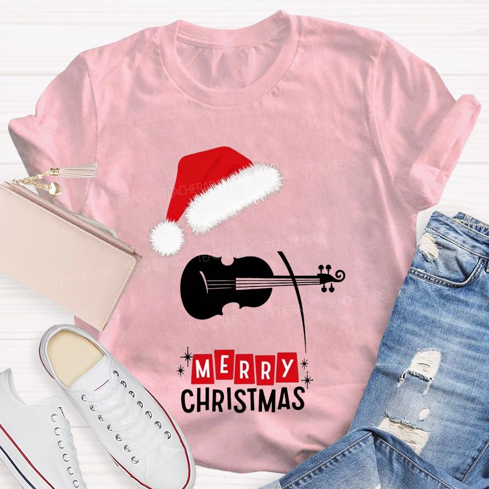 Violin Santa Hat Merry Christmas Music Teacher T-shirt