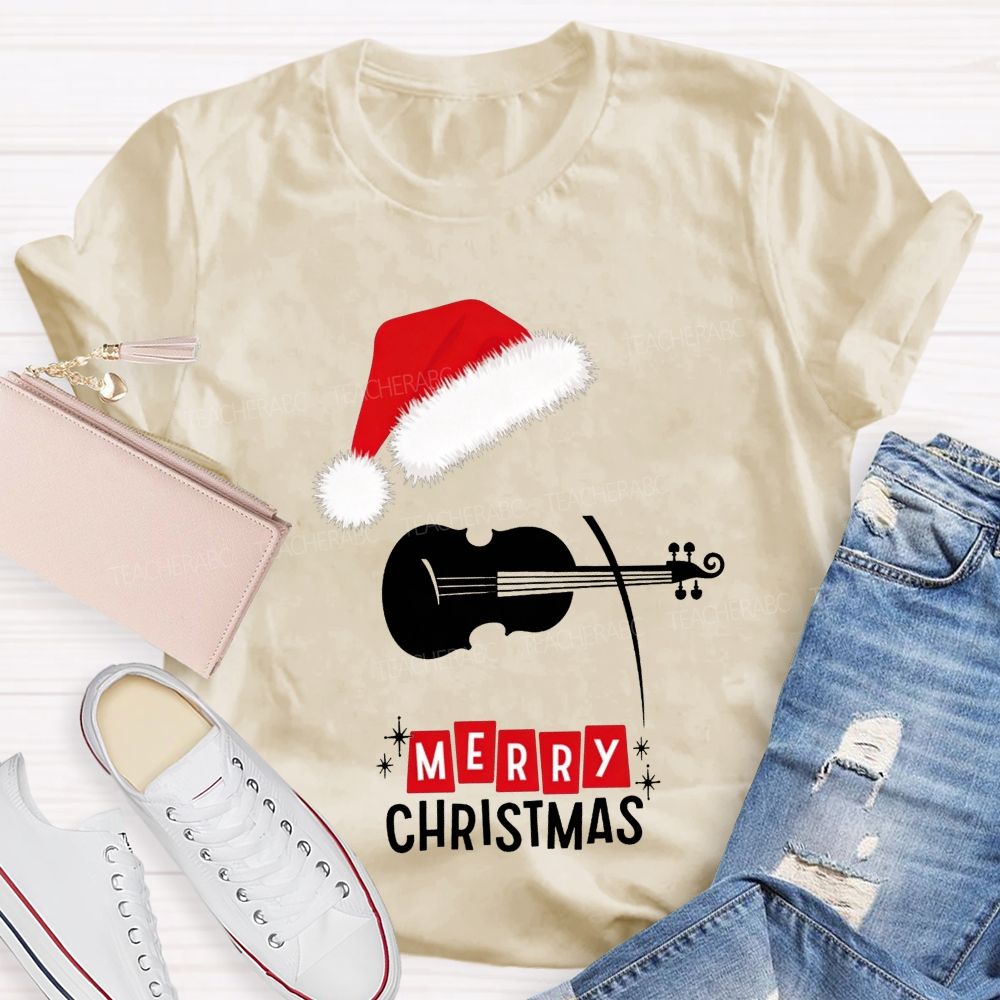 Violin Santa Hat Merry Christmas Music Teacher T-shirt