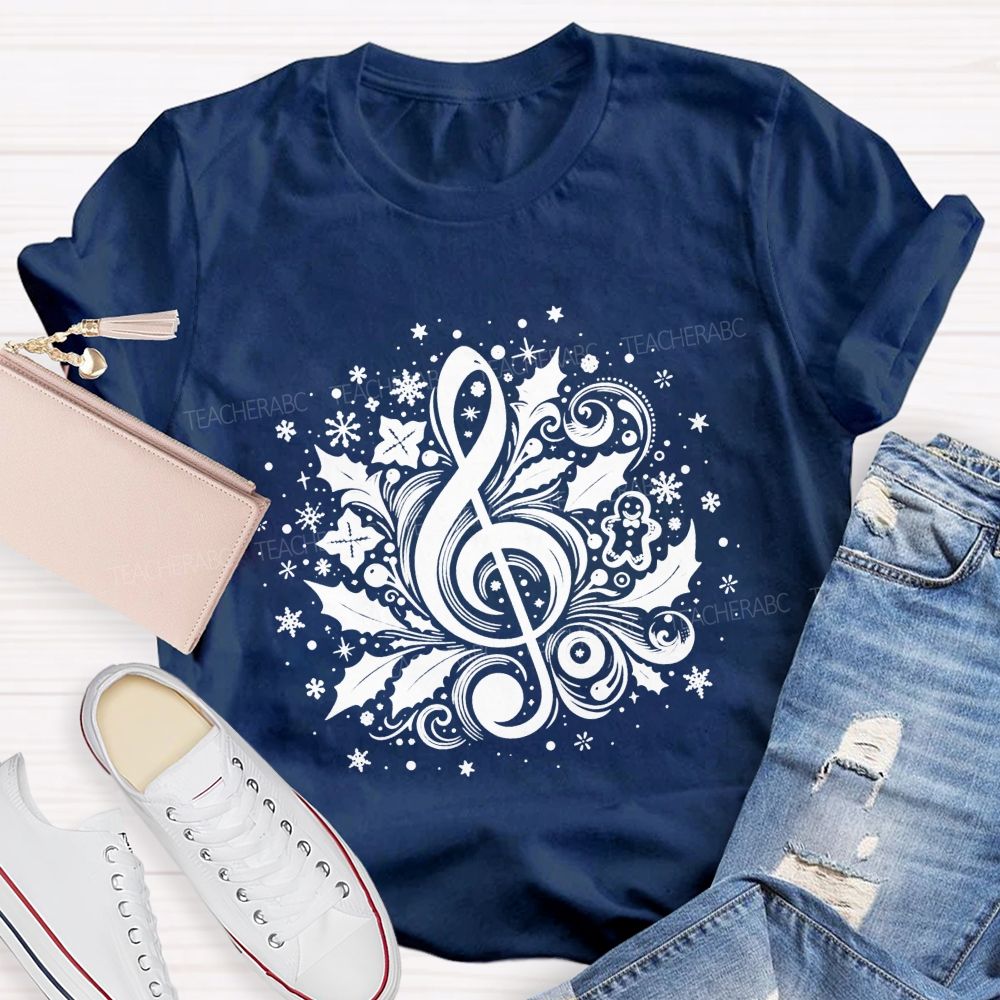 Christmas Treble Clef With Holly Snowflakes Music Teacher T-shirt