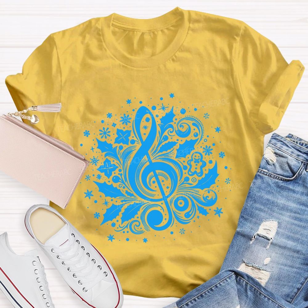 Christmas Treble Clef With Holly Snowflakes Music Teacher T-shirt