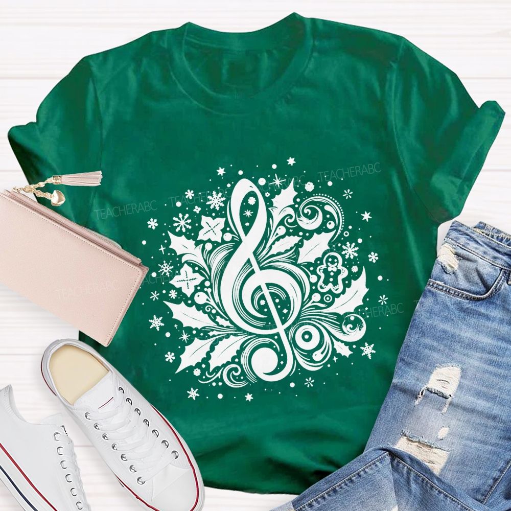 Christmas Treble Clef With Holly Snowflakes Music Teacher T-shirt