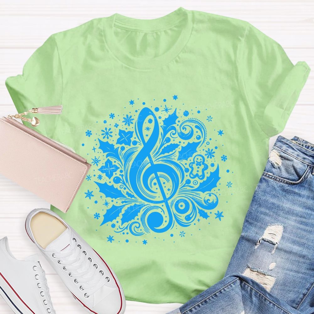 Christmas Treble Clef With Holly Snowflakes Music Teacher T-shirt