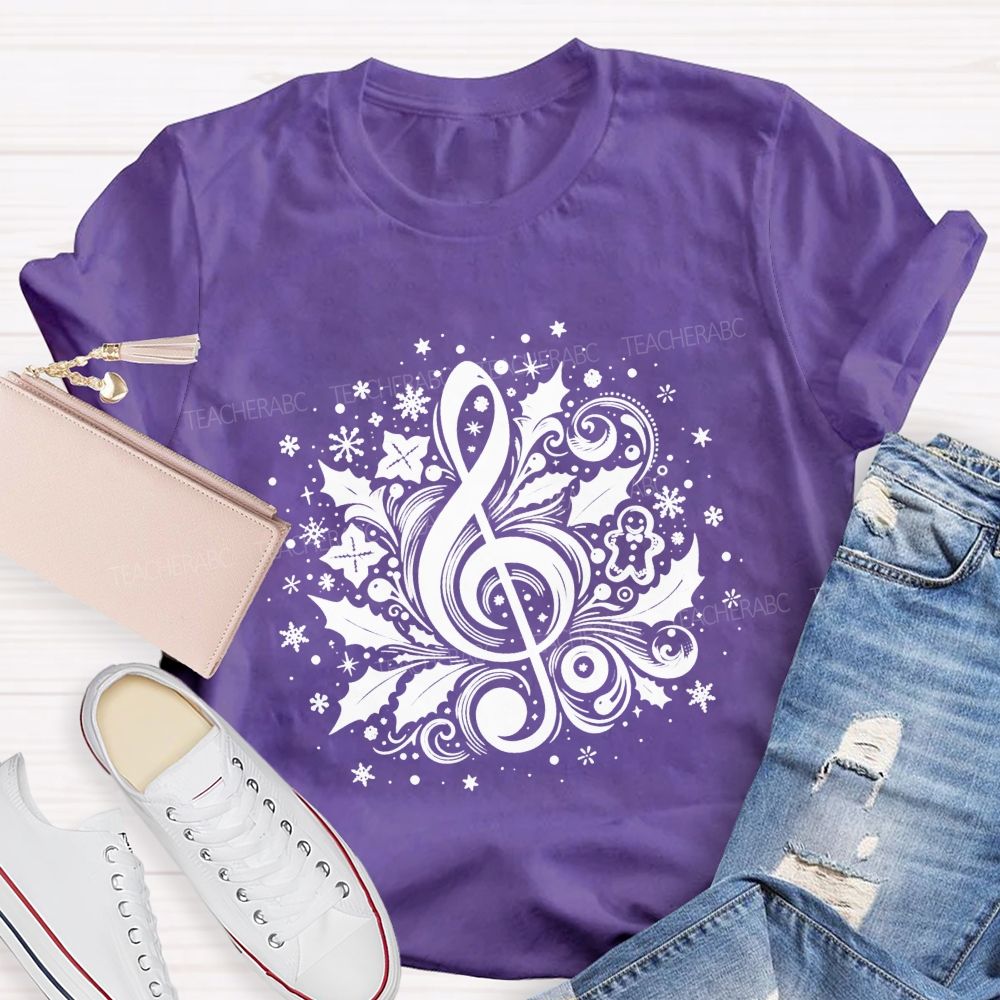 Christmas Treble Clef With Holly Snowflakes Music Teacher T-shirt