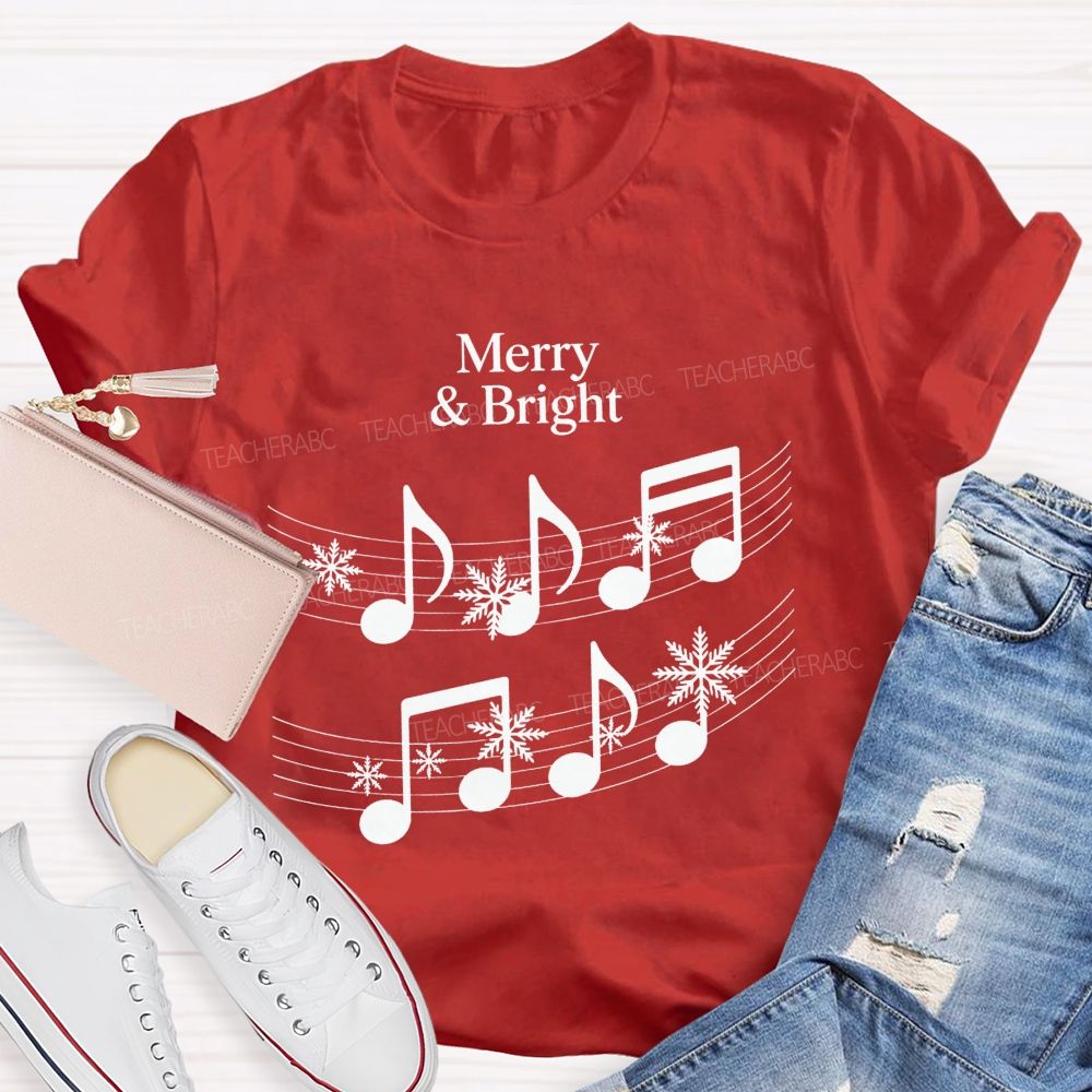 Merry And Bright Music Notes Christmas Teacher T-shirt