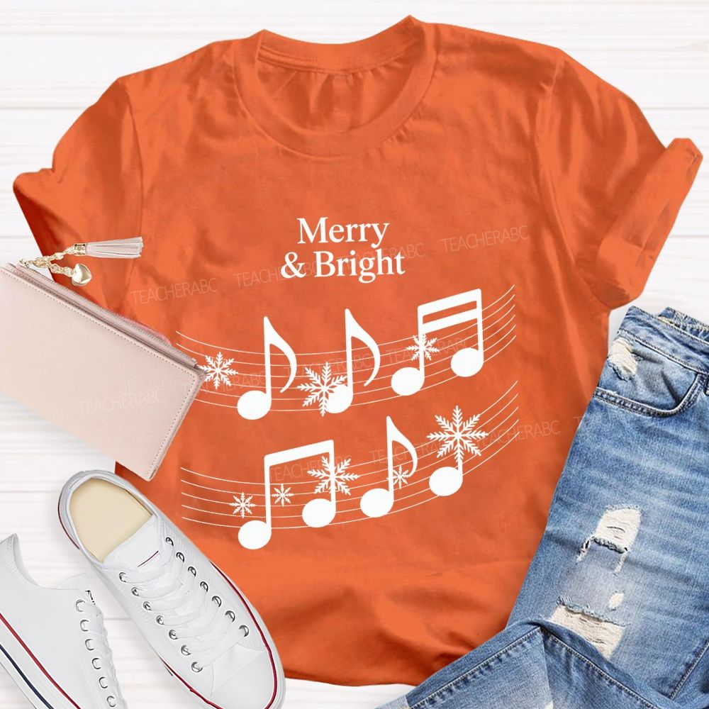Merry And Bright Music Notes Christmas Teacher T-shirt