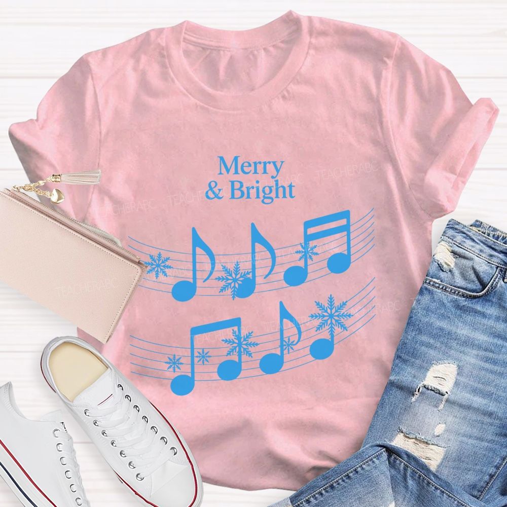 Merry And Bright Music Notes Christmas Teacher T-shirt
