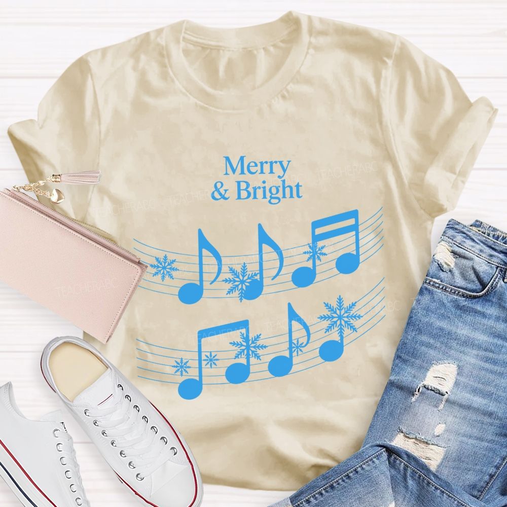 Merry And Bright Music Notes Christmas Teacher T-shirt