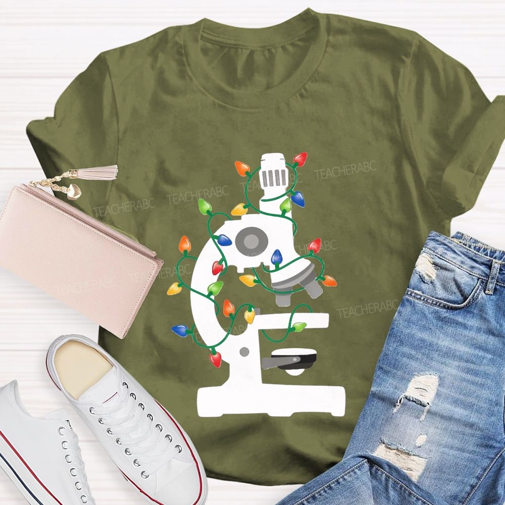 Microscope Christmas Lights Science Teacher T-shirt