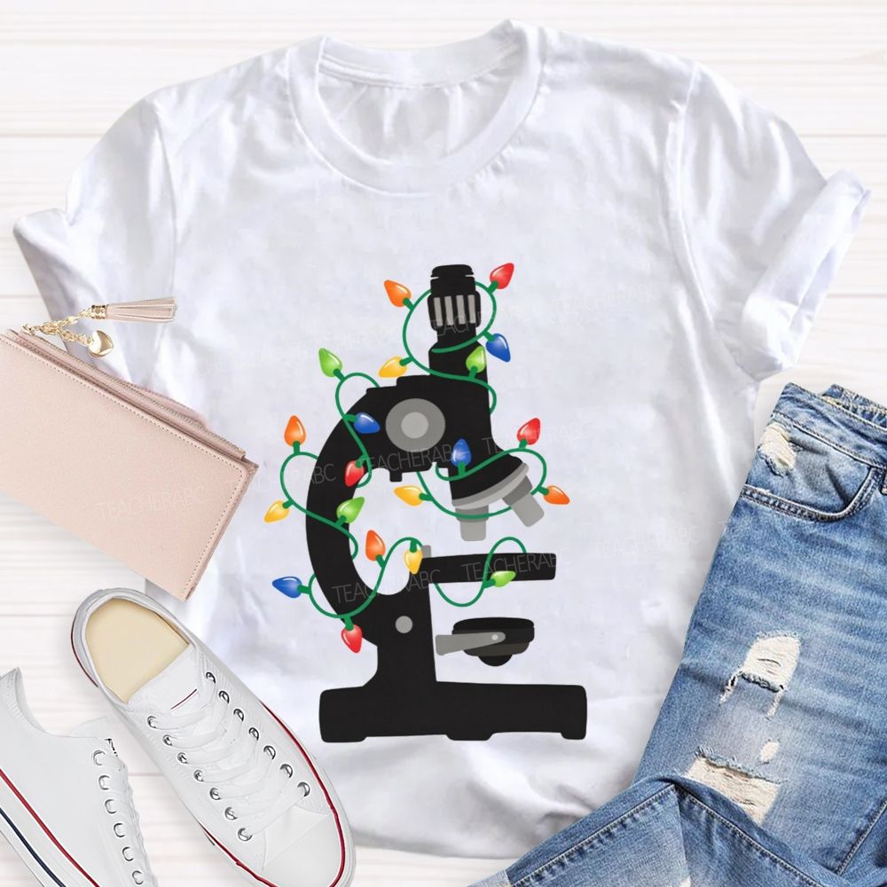 Microscope Christmas Lights Science Teacher T-shirt