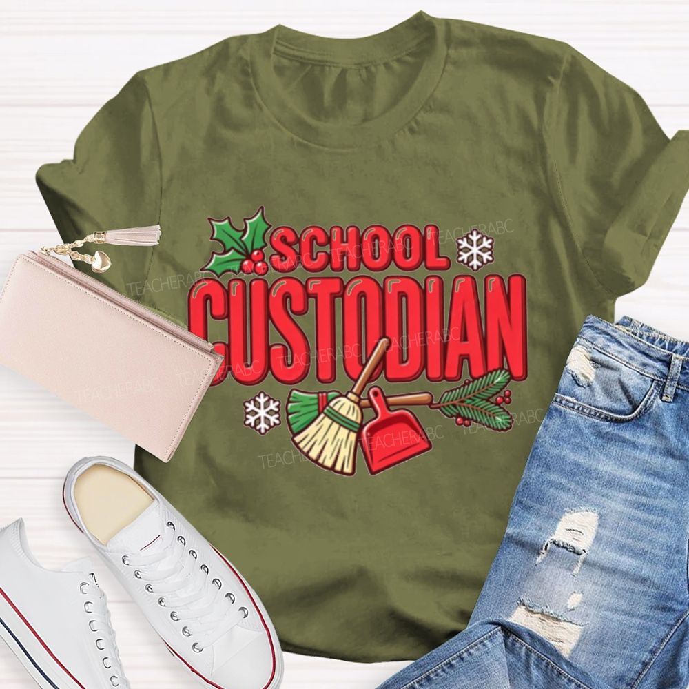 School Custodian Christmas Winter Holly Snowflake T-shirt