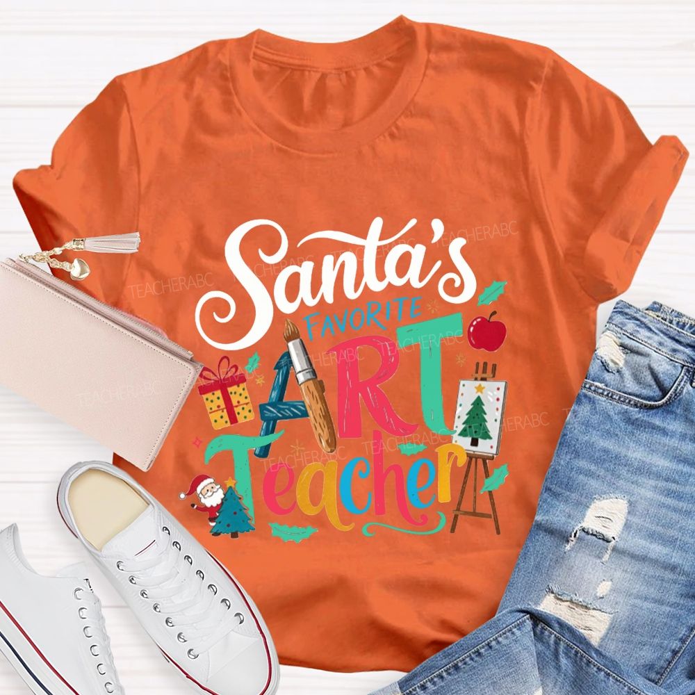 Santa'S Favorite Art Teacher Christmas Art Teacher Paint Brush T-shirt