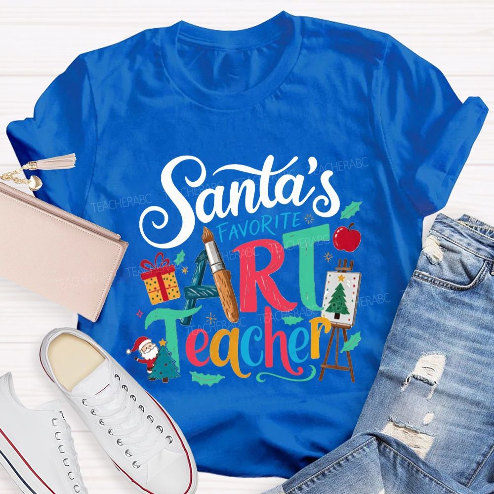 Santa'S Favorite Art Teacher Christmas Art Teacher Paint Brush T-shirt