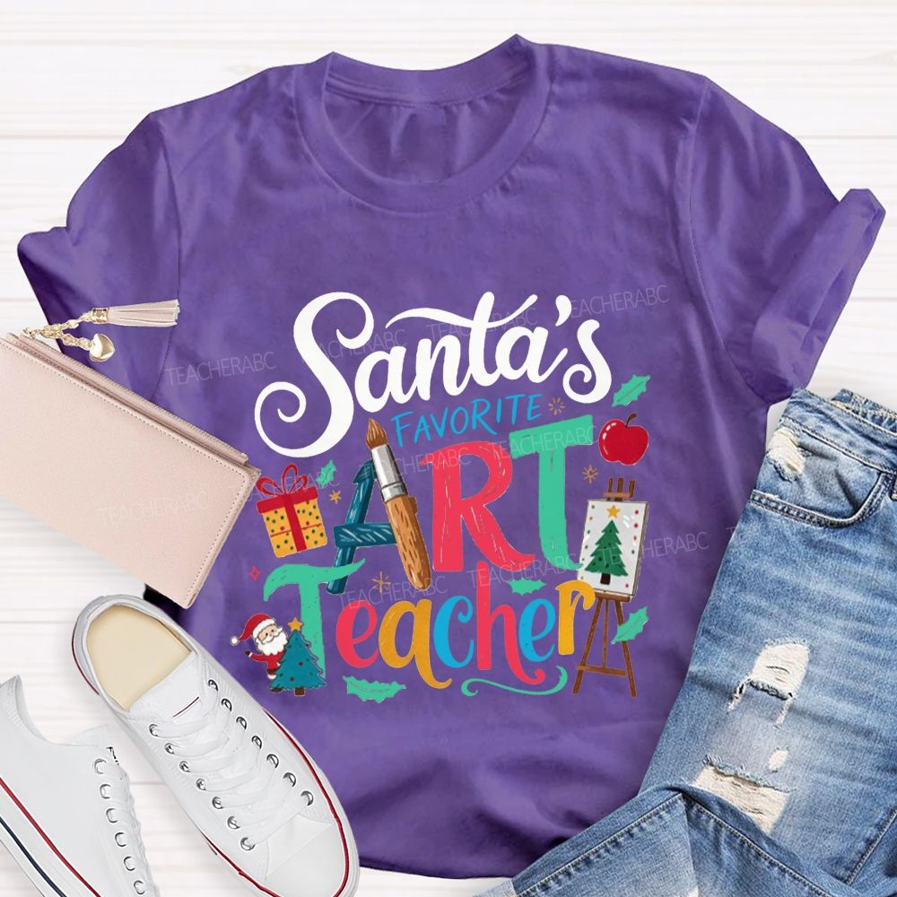 Santa'S Favorite Art Teacher Christmas Art Teacher Paint Brush T-shirt