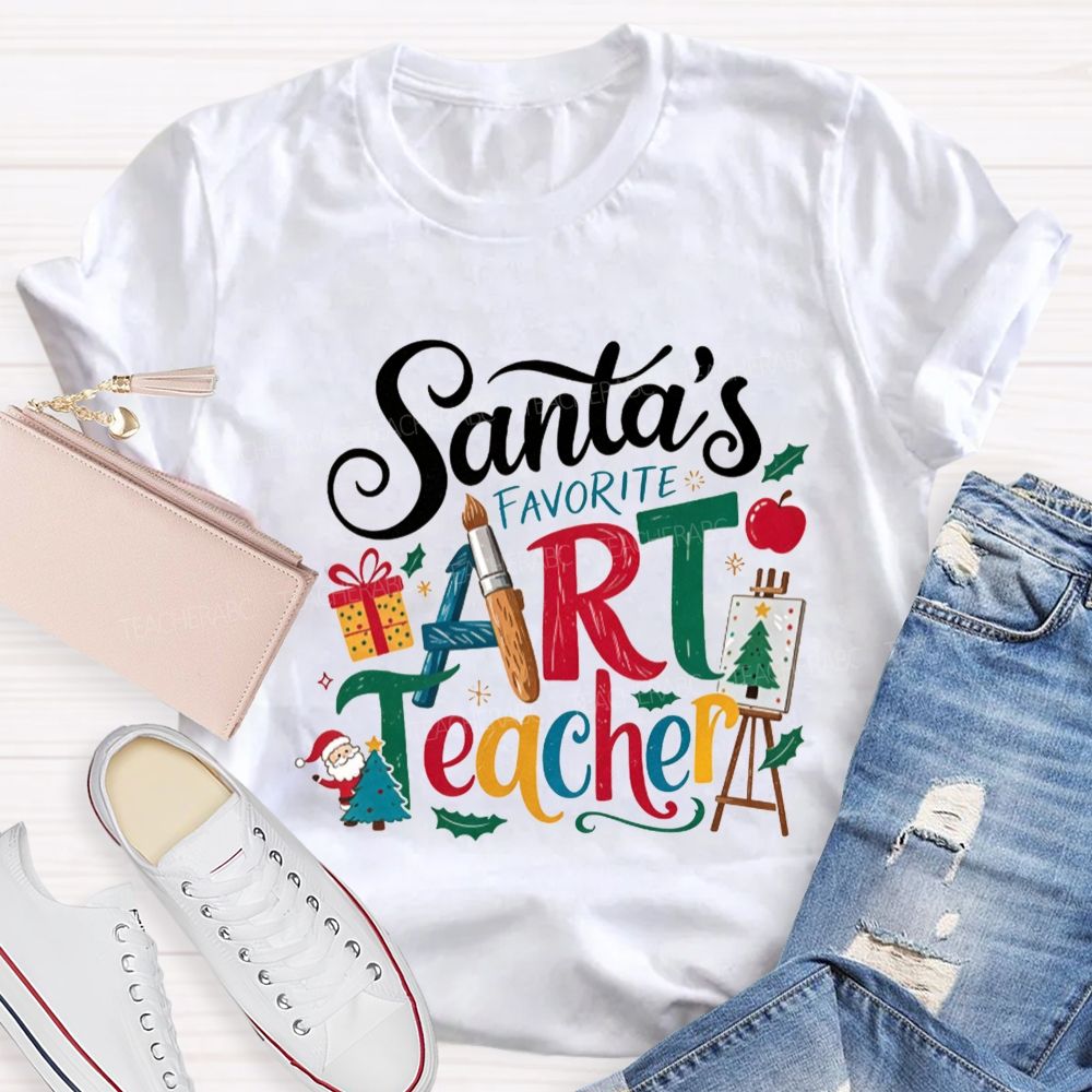 Santa'S Favorite Art Teacher Christmas Art Teacher Paint Brush T-shirt