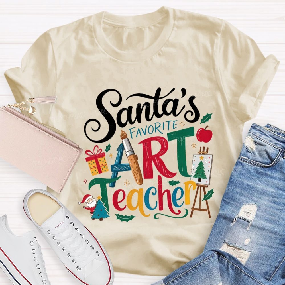 Santa'S Favorite Art Teacher Christmas Art Teacher Paint Brush T-shirt