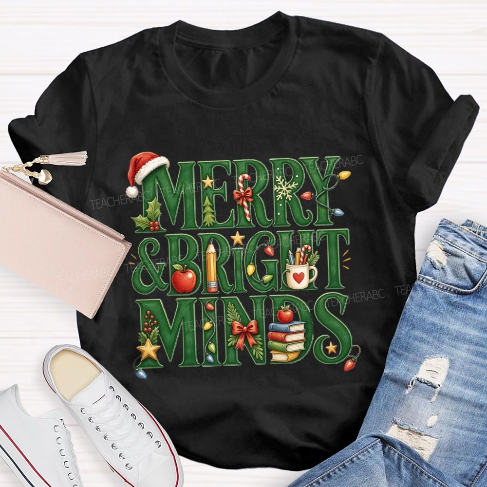 Merry And Bright Minds Teacher Christmas School Apple Book Pencil Holiday Teacher T-shirt