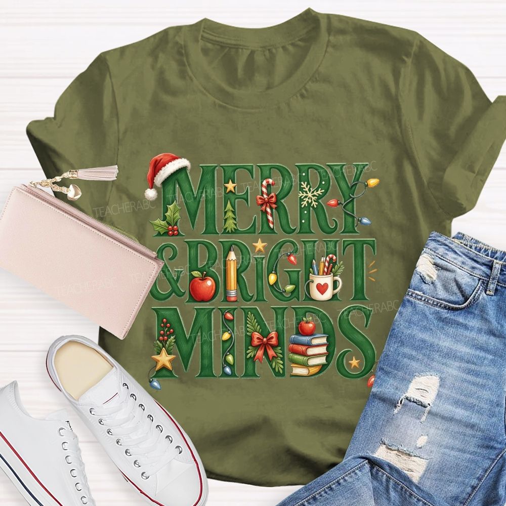 Merry And Bright Minds Teacher Christmas School Apple Book Pencil Holiday Teacher T-shirt
