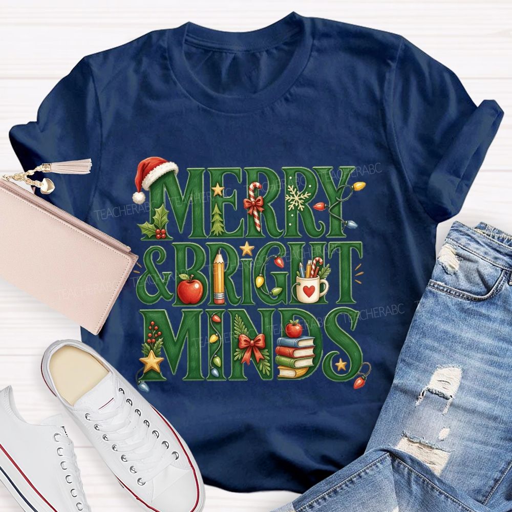Merry And Bright Minds Teacher Christmas School Apple Book Pencil Holiday Teacher T-shirt