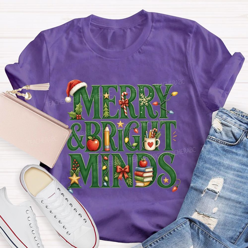 Merry And Bright Minds Teacher Christmas School Apple Book Pencil Holiday Teacher T-shirt