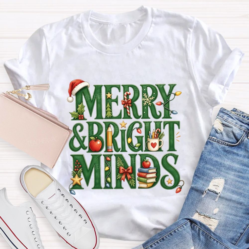 Merry And Bright Minds Teacher Christmas School Apple Book Pencil Holiday Teacher T-shirt