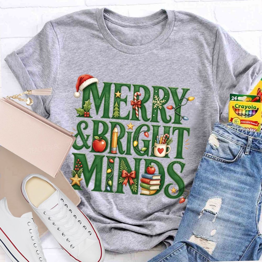 Merry And Bright Minds Teacher Christmas School Apple Book Pencil Holiday Teacher T-shirt