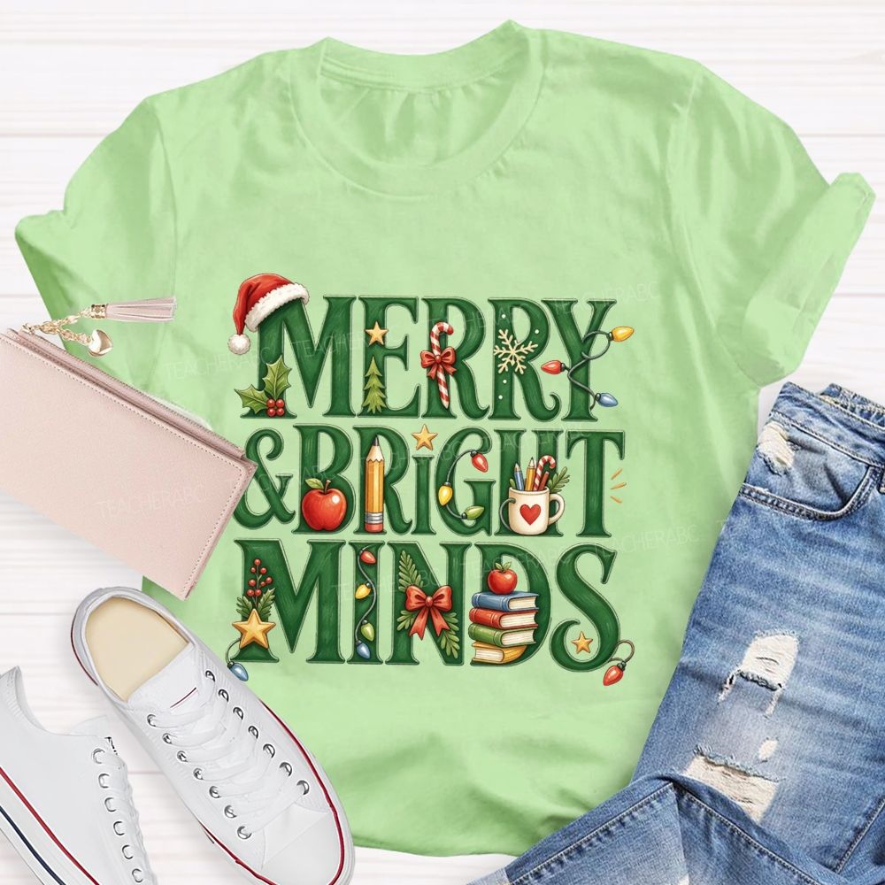 Merry And Bright Minds Teacher Christmas School Apple Book Pencil Holiday Teacher T-shirt