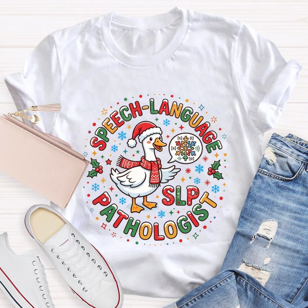Speech Language Pathologist Christmas Duck Santa Duck Speech Sounds Holiday Teacher T-shirt
