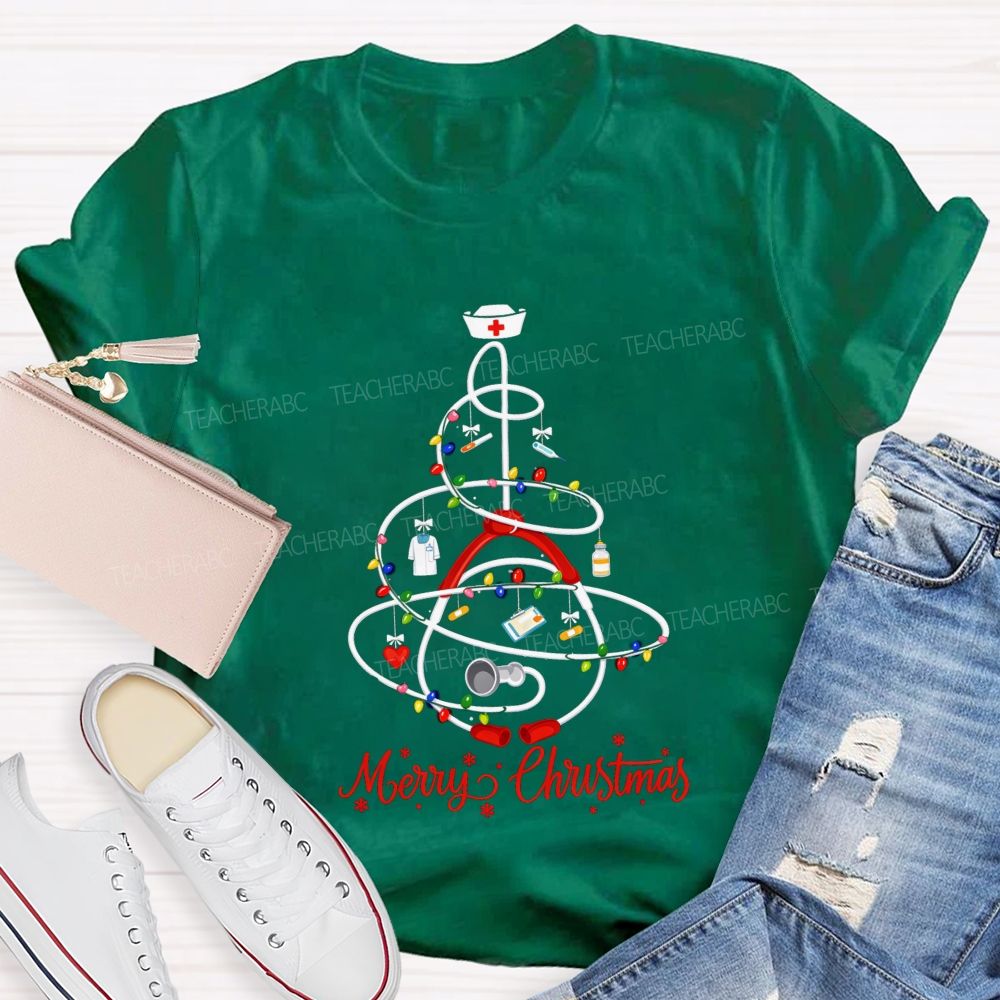 Merry Christmas School Nurse Christmas Tree Teacher T-shirt