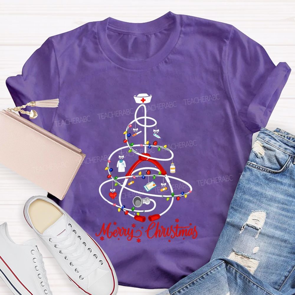 Merry Christmas School Nurse Christmas Tree Teacher T-shirt