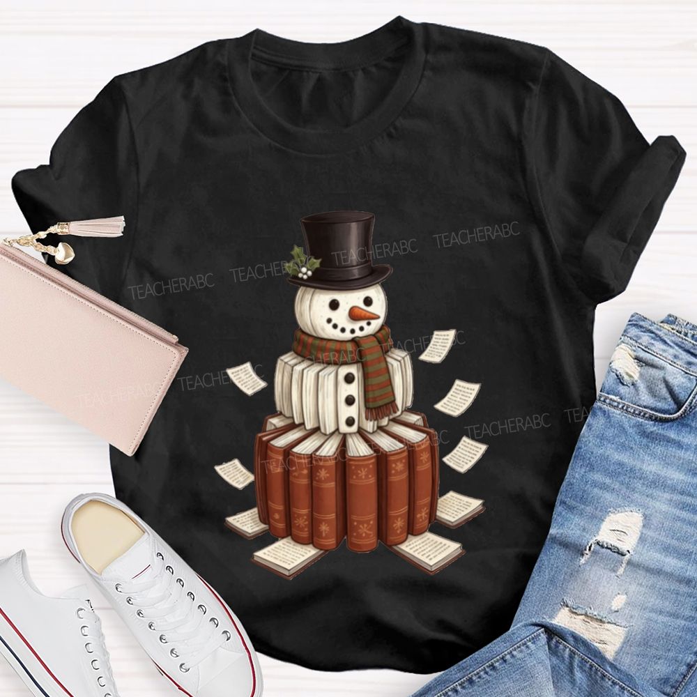 Bookish Snowman For Book Lovers Christmas Teacher T-shirt