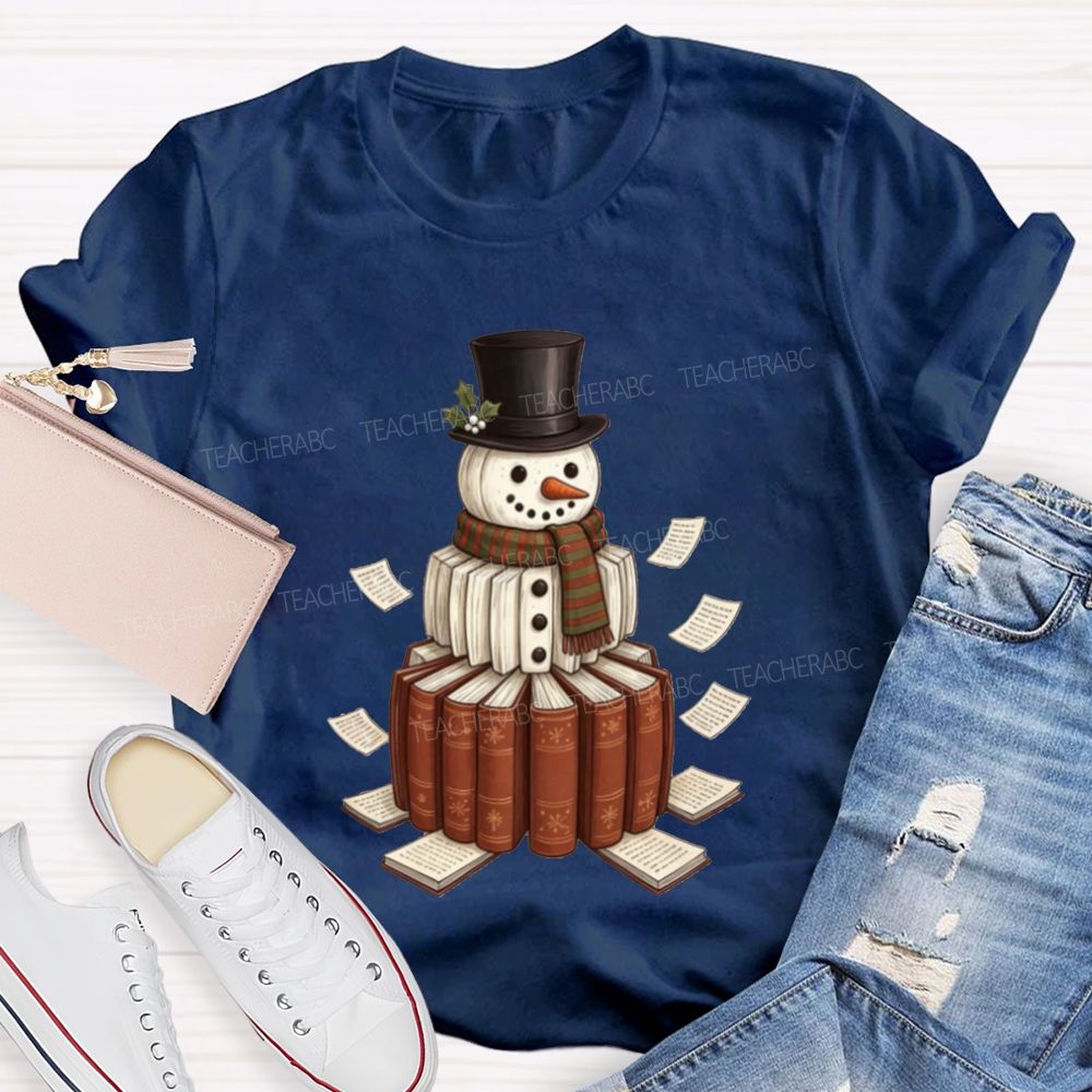 Bookish Snowman For Book Lovers Christmas Teacher T-shirt