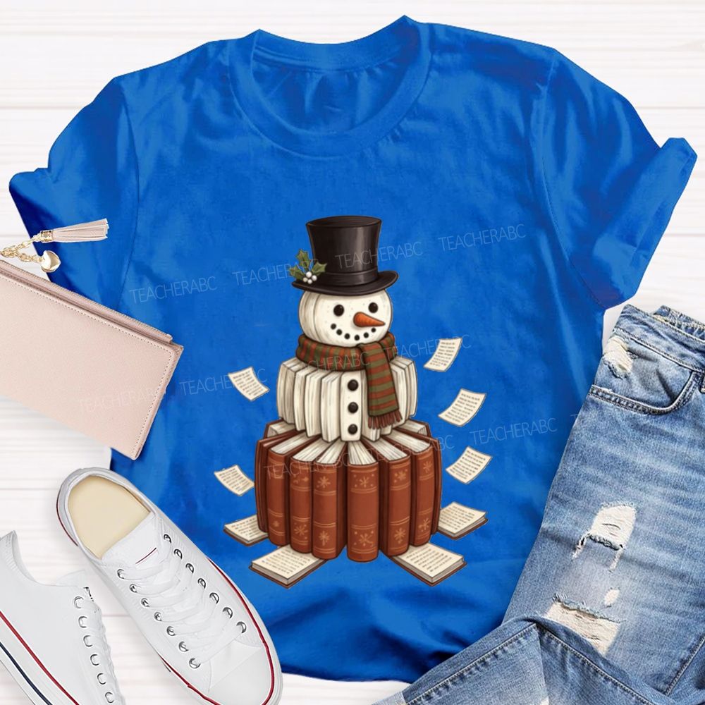 Bookish Snowman For Book Lovers Christmas Teacher T-shirt