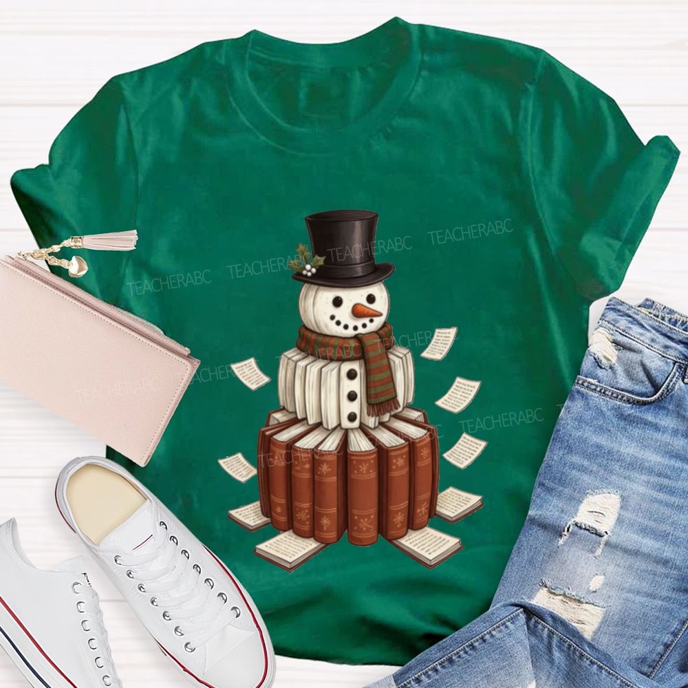 Bookish Snowman For Book Lovers Christmas Teacher T-shirt