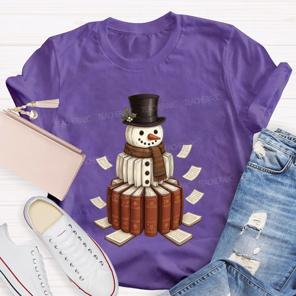 Bookish Snowman For Book Lovers Christmas Teacher T-shirt