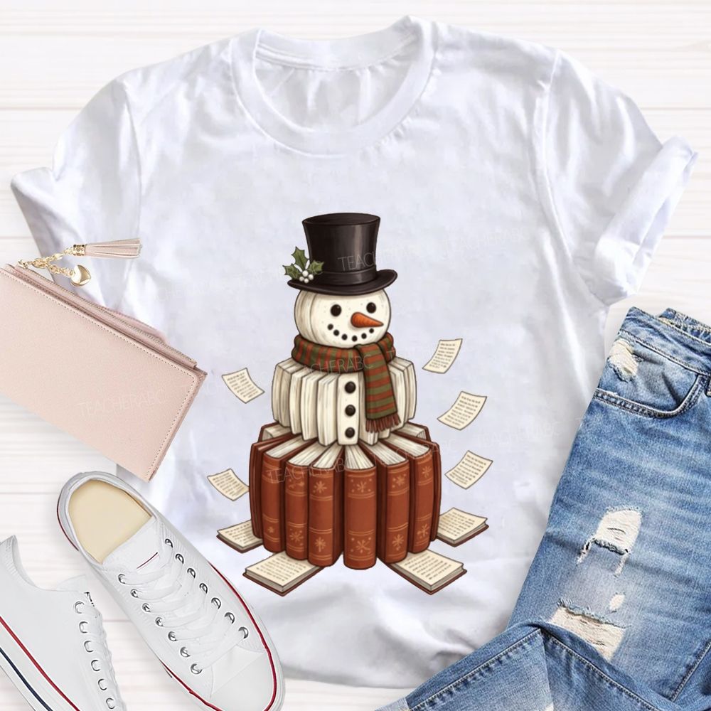 Bookish Snowman For Book Lovers Christmas Teacher T-shirt