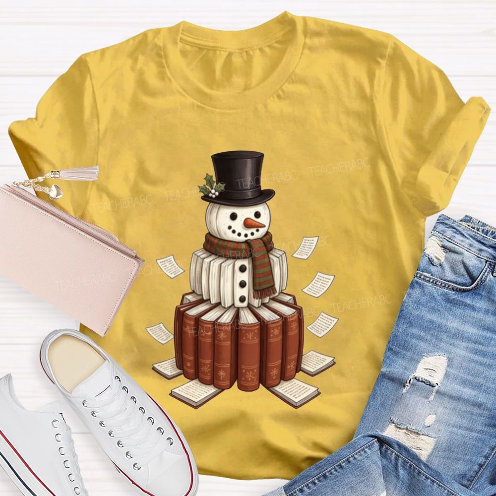 Bookish Snowman For Book Lovers Christmas Teacher T-shirt