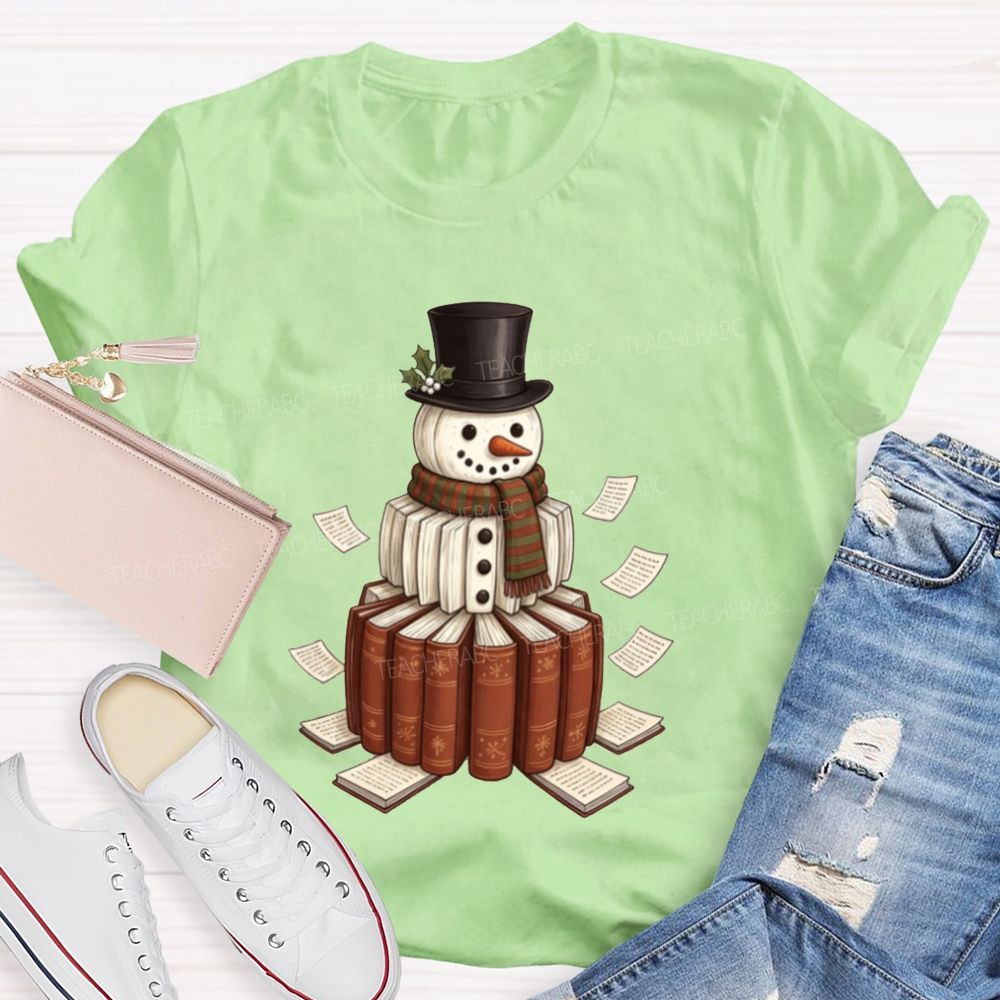 Bookish Snowman For Book Lovers Christmas Teacher T-shirt