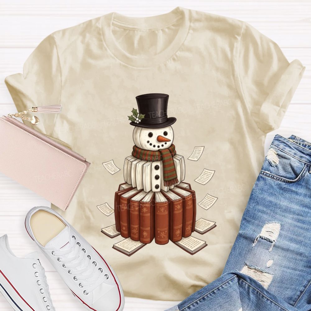Bookish Snowman For Book Lovers Christmas Teacher T-shirt
