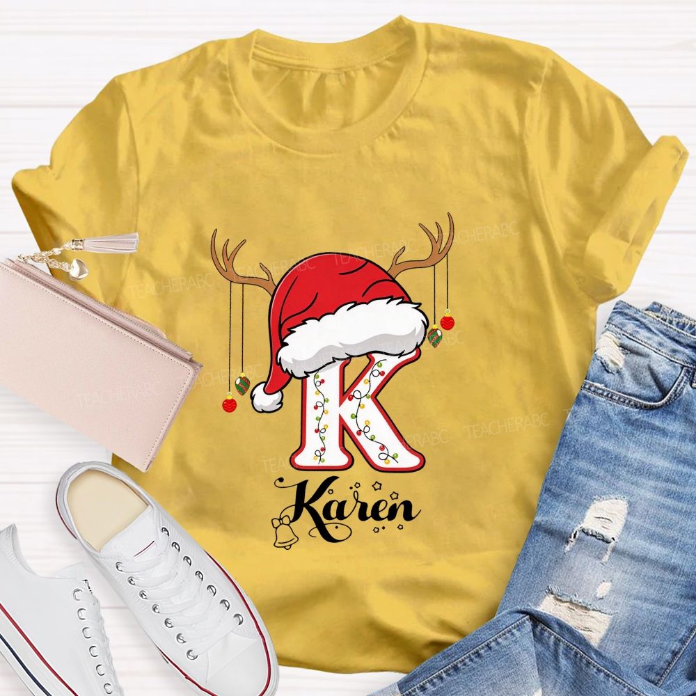 Personalized Name Christmas Hat String Lights Decoration Teacher T-shirt